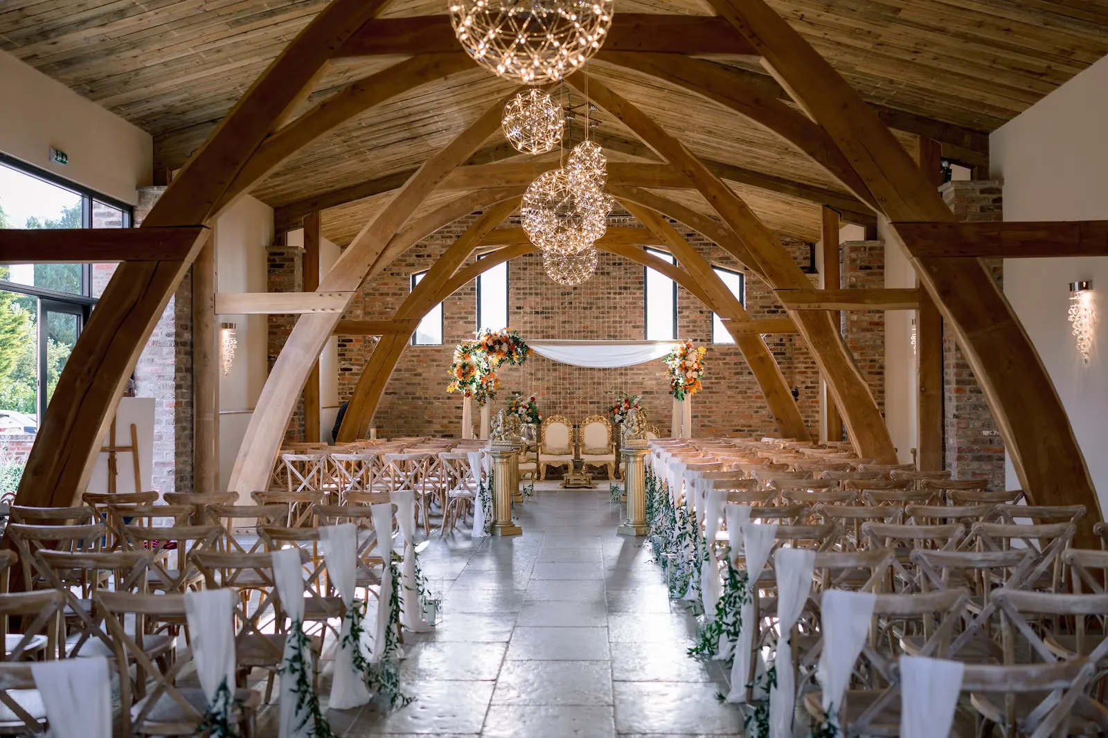 The Ceremony Hall set for a wedding, oak arches overhead