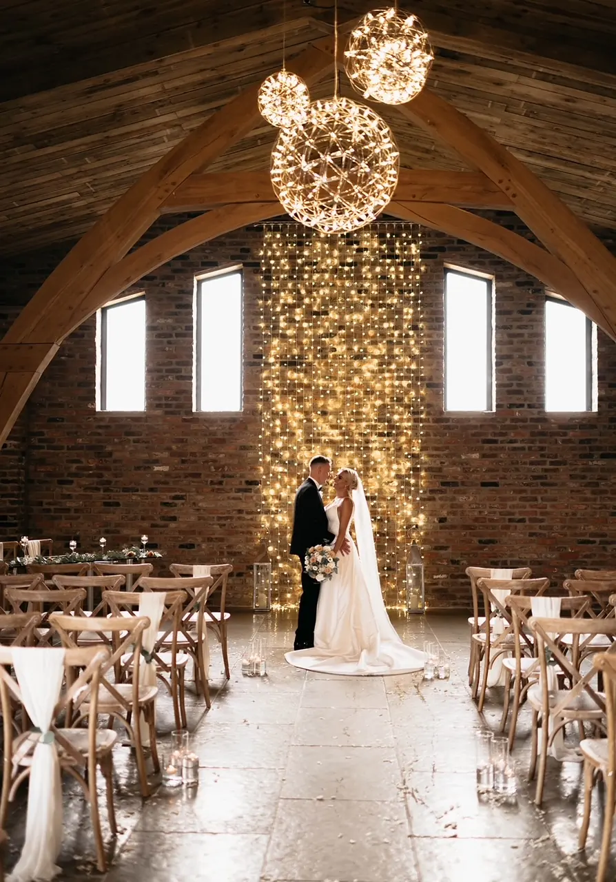 A couple at the altar in front of the fairy light curtain